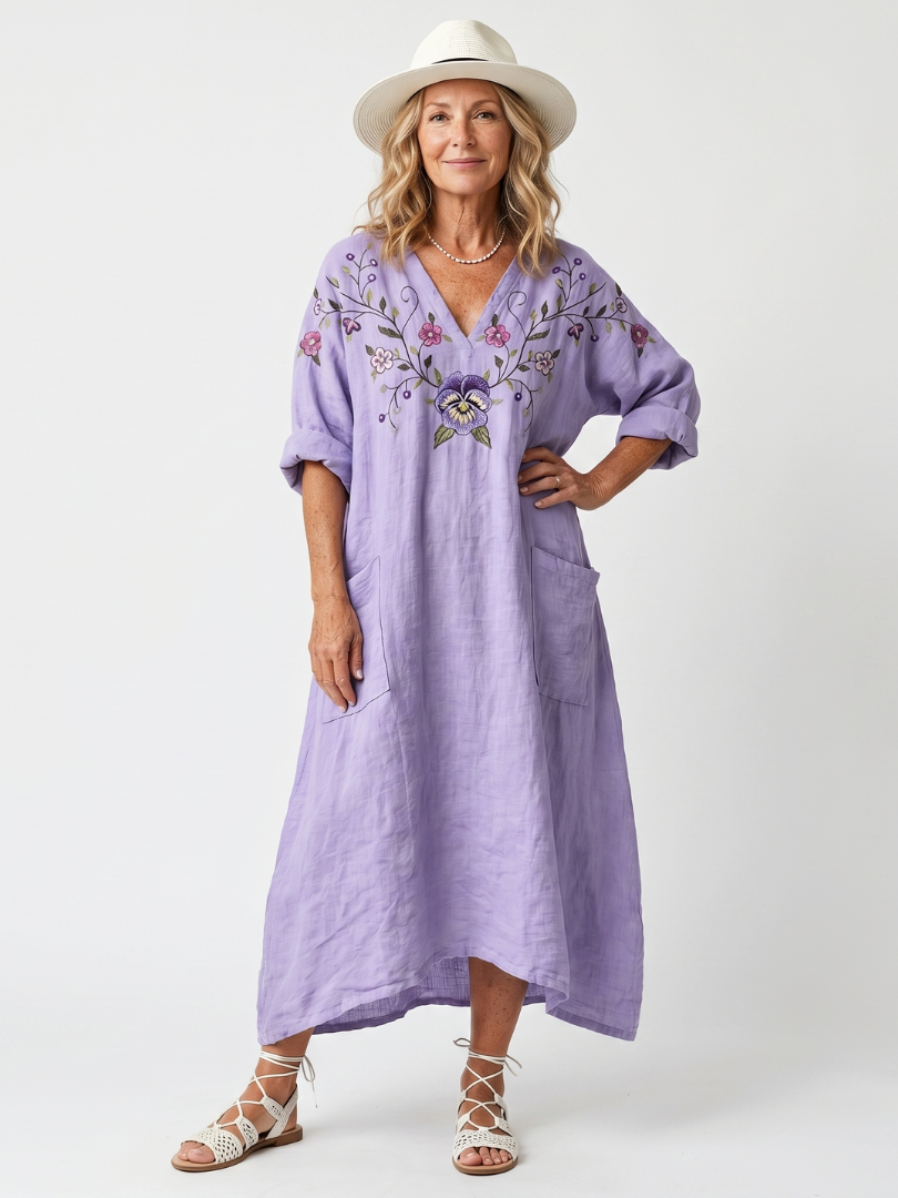 Mariette | Robe Midi Brodée à Poches