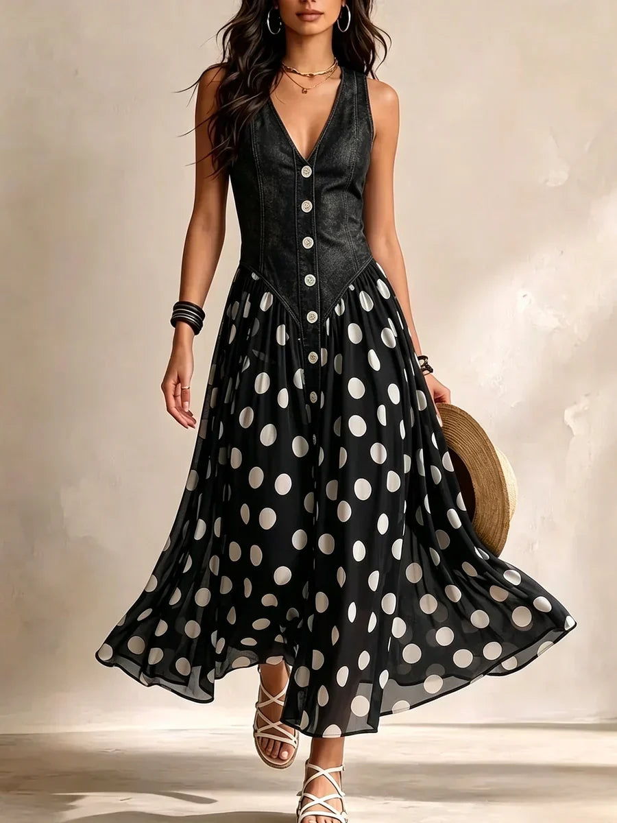 Adeline | Robe Longue en Denim à Pois