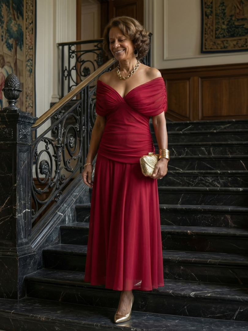 Adeline | Robe Midi Décontractée à Épaules Dénudées