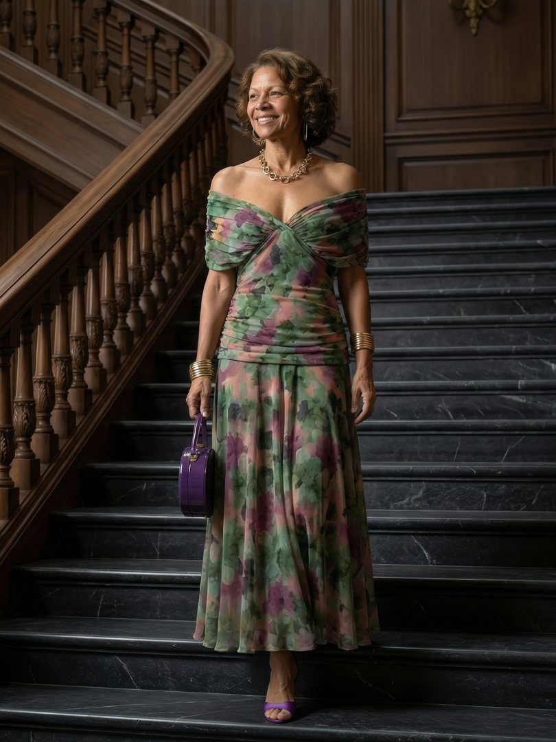 Adeline | Robe Midi Décontractée à Épaules Dénudées