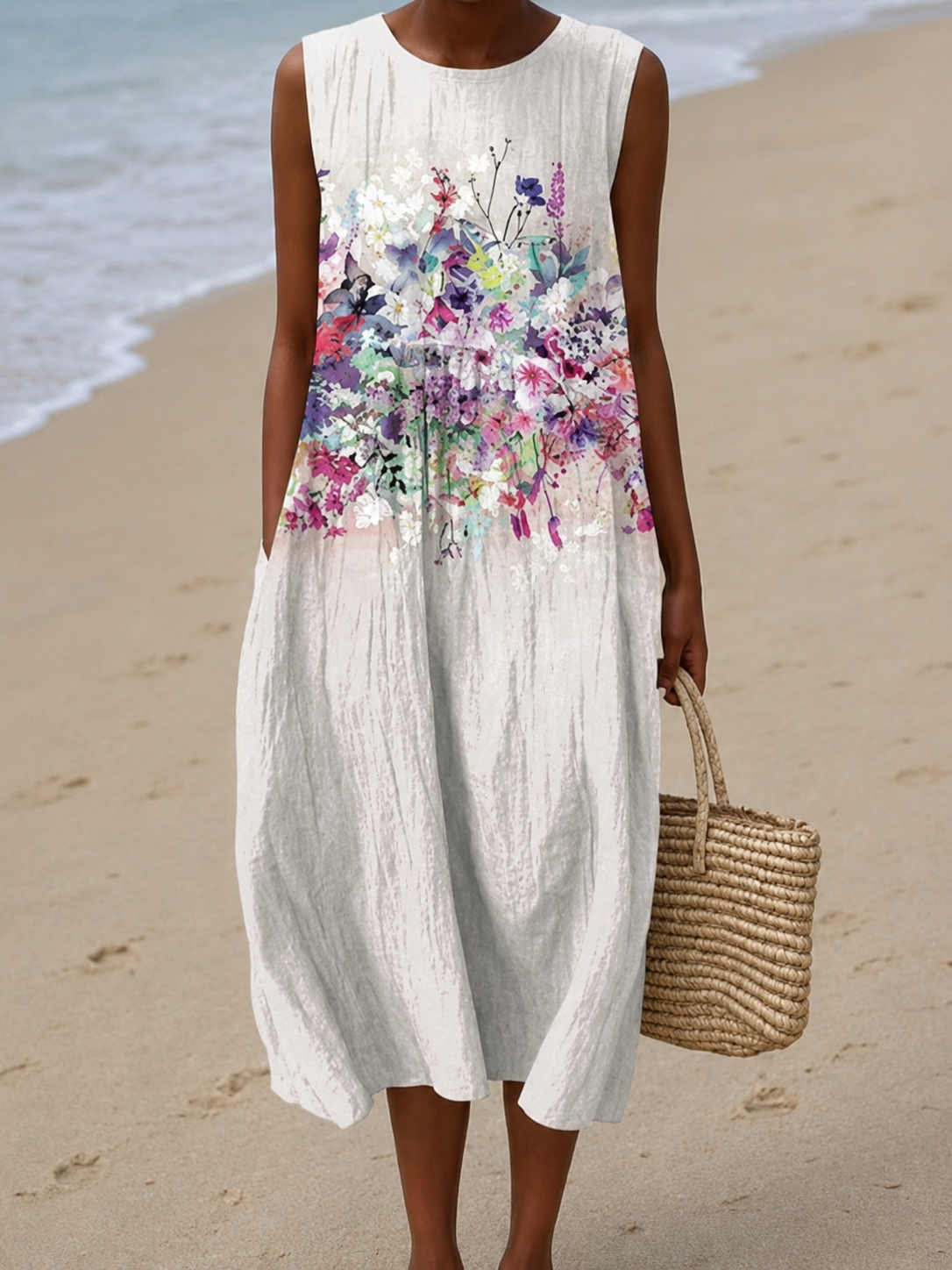 Sabrine | Robe Midi Décontractée Imprimée Sans Manches