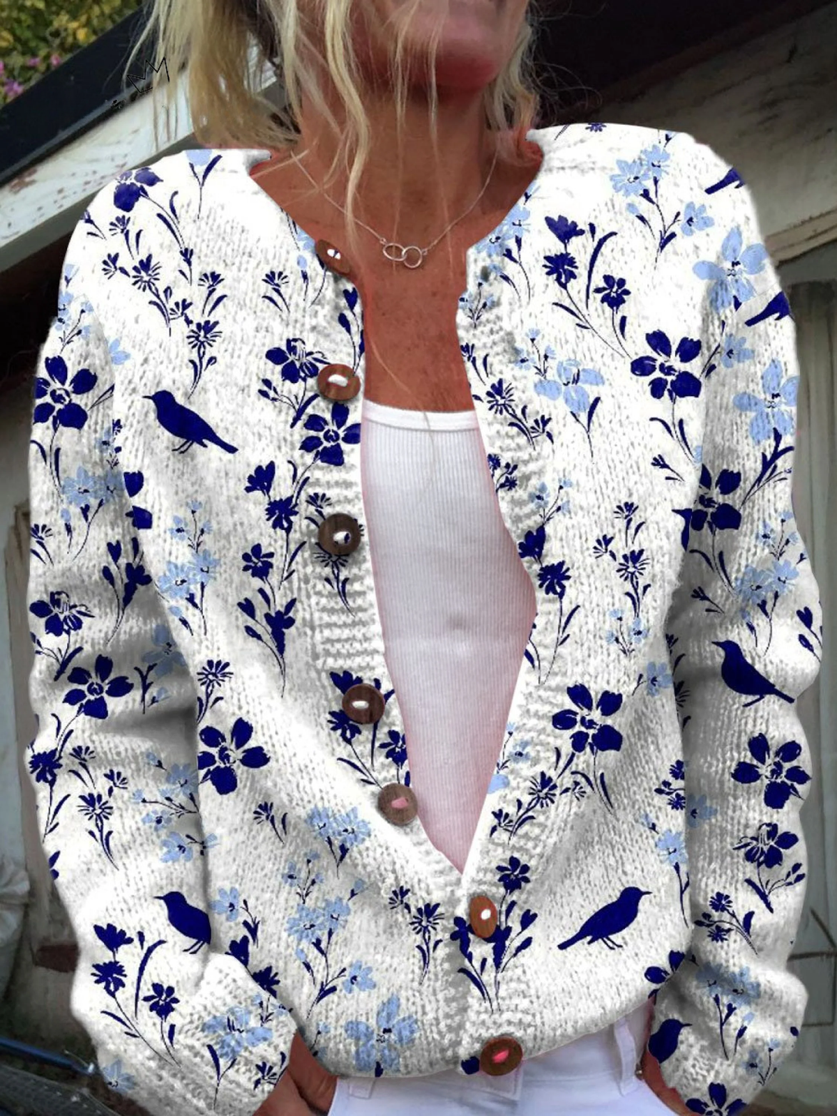 Blanche | Gilet Vintage à Motif Fleurs et Oiseaux