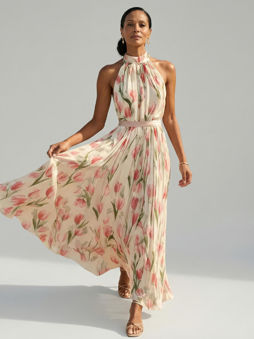 Aurelle | Robe Midi à Col Dos-Nu à Fleurs
