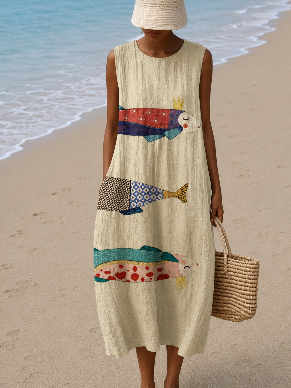 Aimée | Robe Midi de Plage Imprimée Sans Manches et Coupe Ample