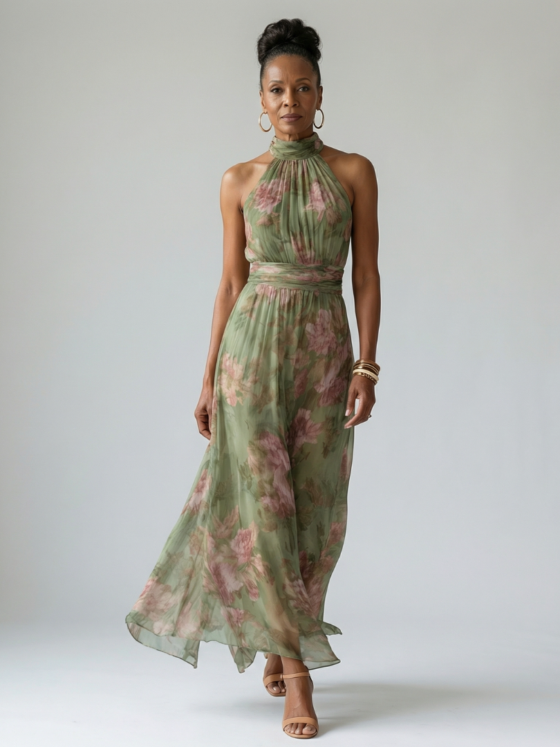 Colombine | Robe Midi à Encolure Dos-Nu Froncée