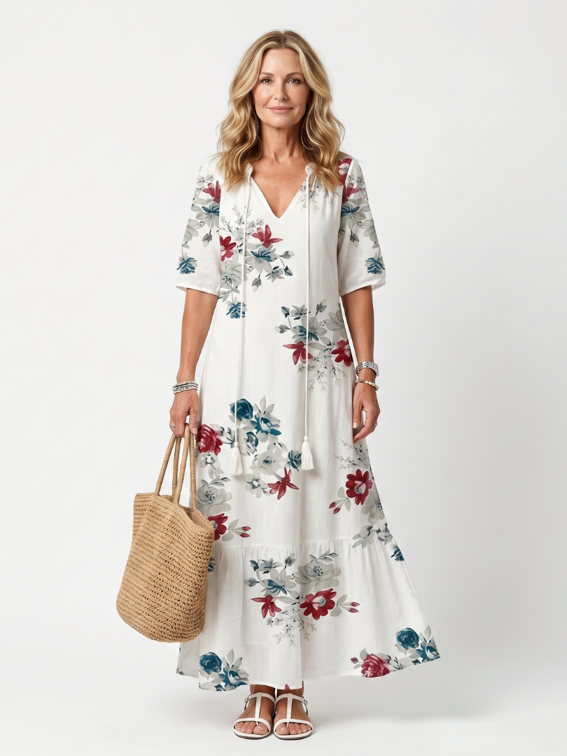 Suzette | Robe Midi Fleurie à Pompons