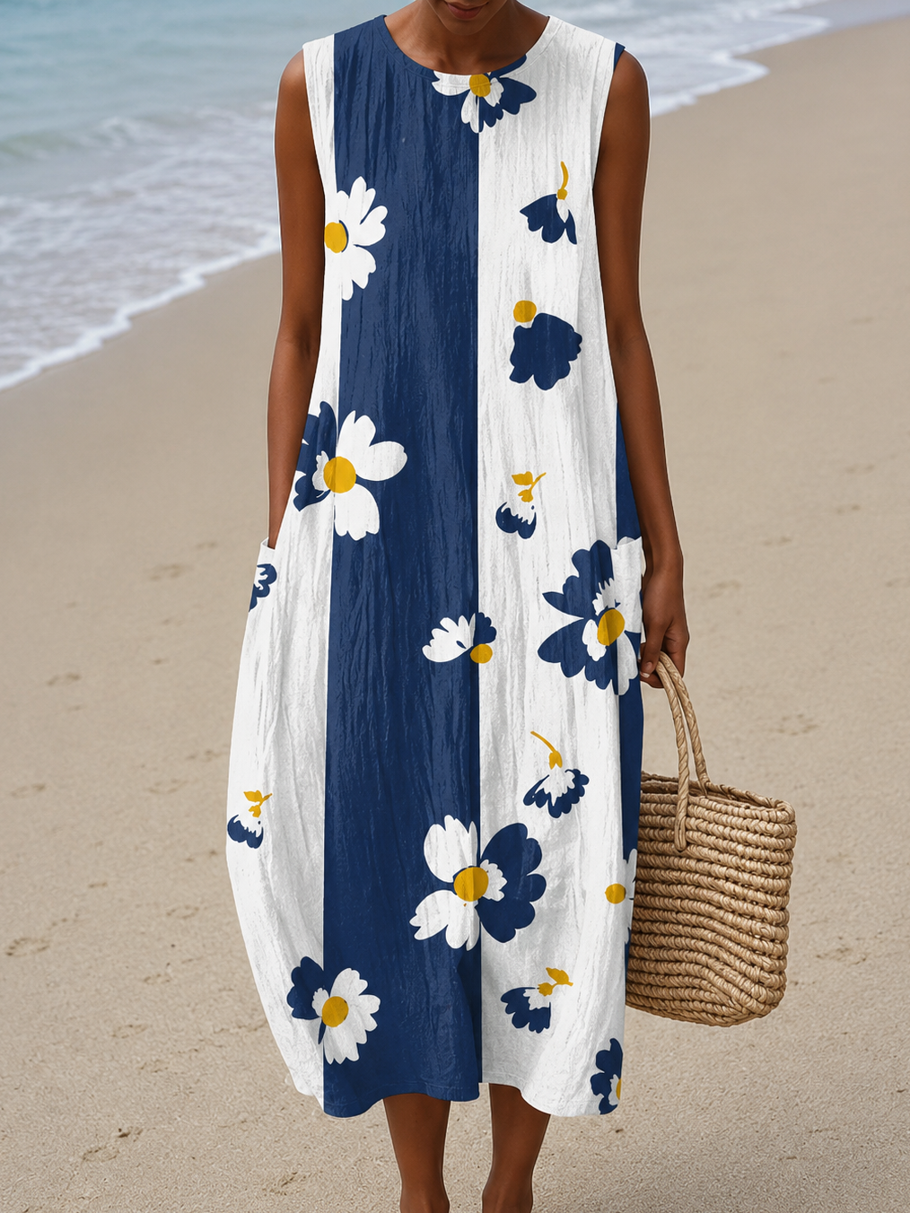 Reine | Robe Midi Décontractée Imprimée Sans Manches