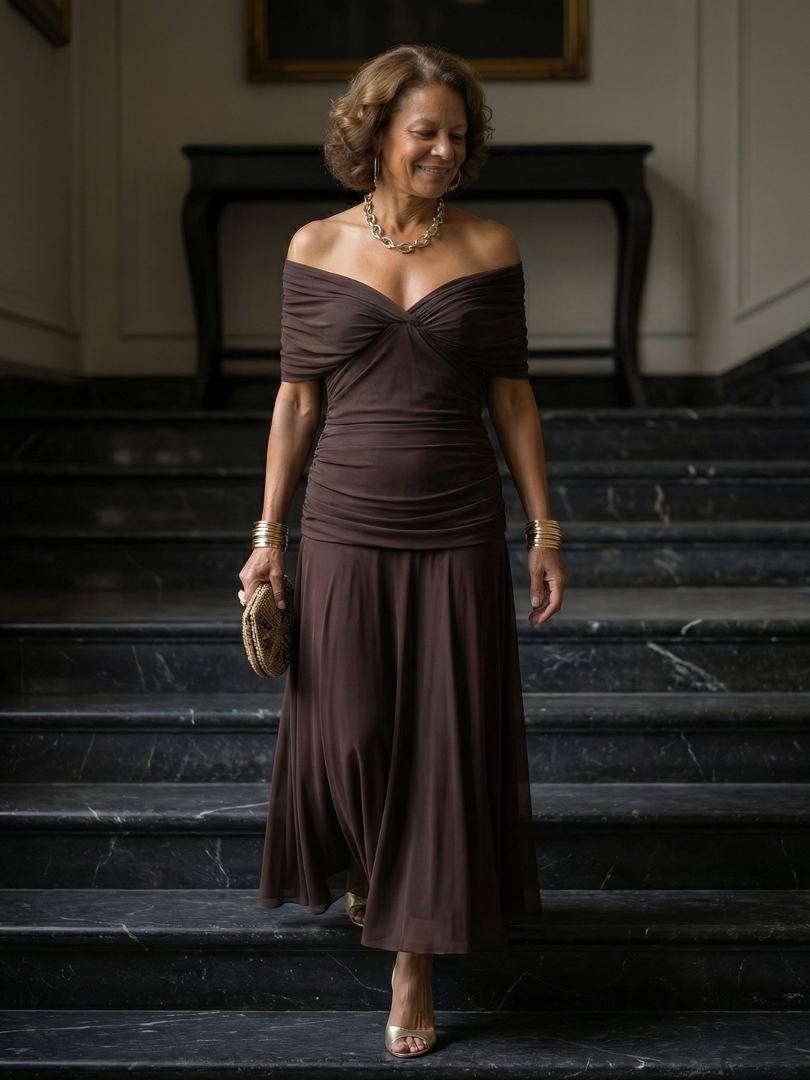 Adeline | Robe Midi Décontractée à Épaules Dénudées