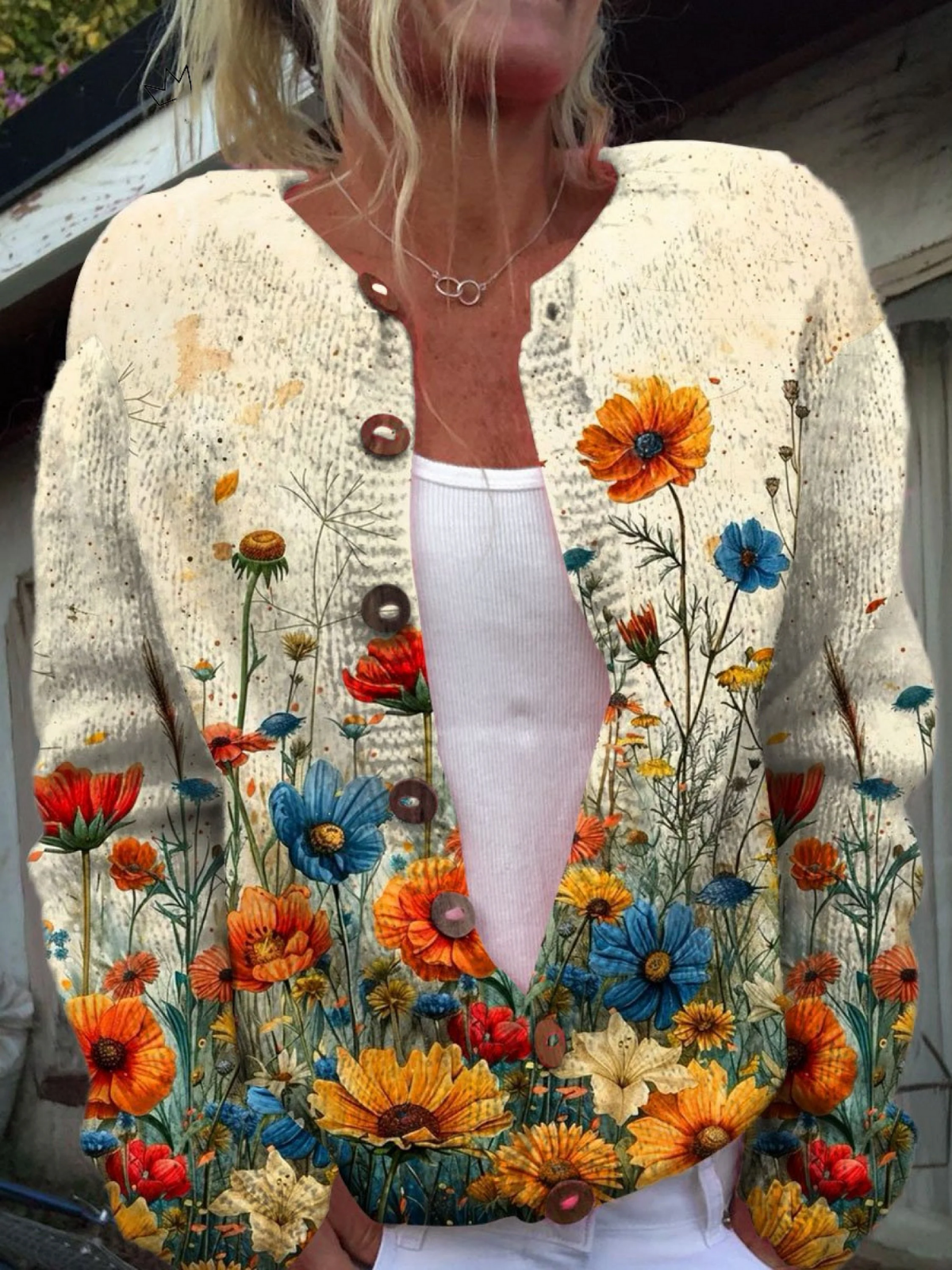 Rose | Gilet Vintage Fleuri en Maille
