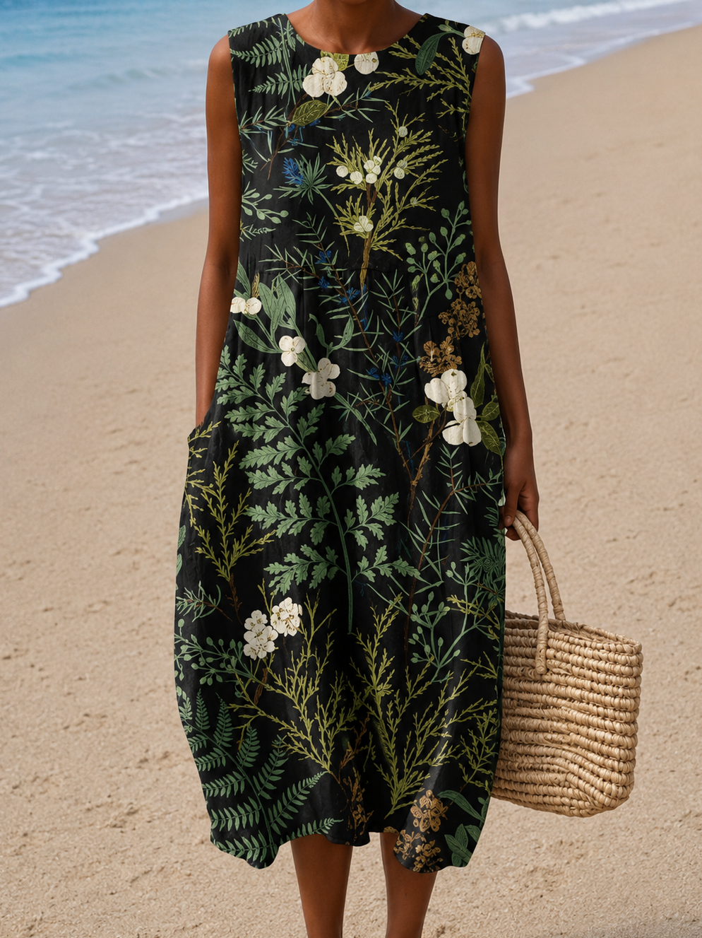 Philiberte | Robe Midi de Plage Imprimée Sans Manches et Coupe Ample