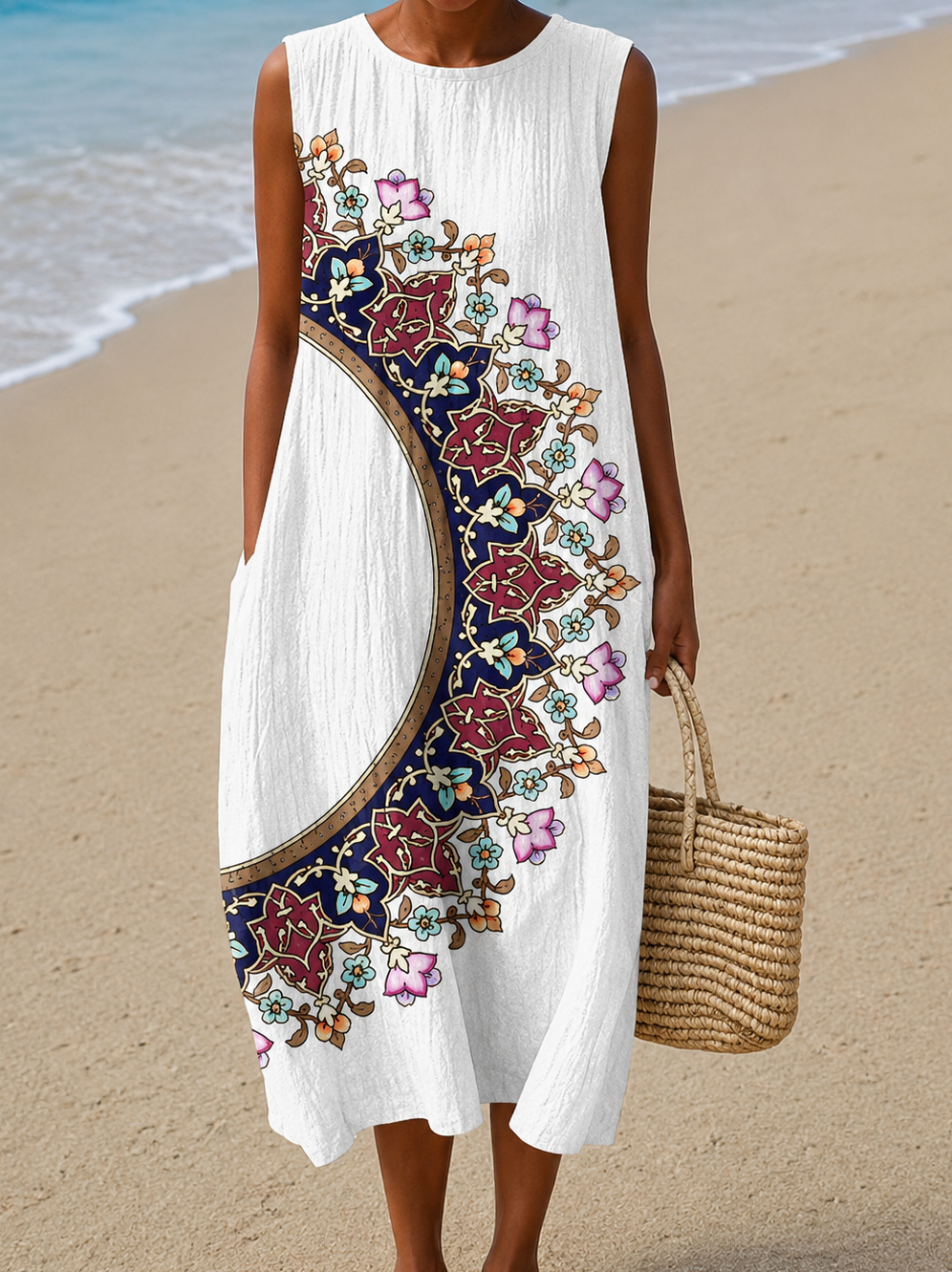 Rosine | Robe Midi de Plage Imprimée Sans Manches et Coupe Ample