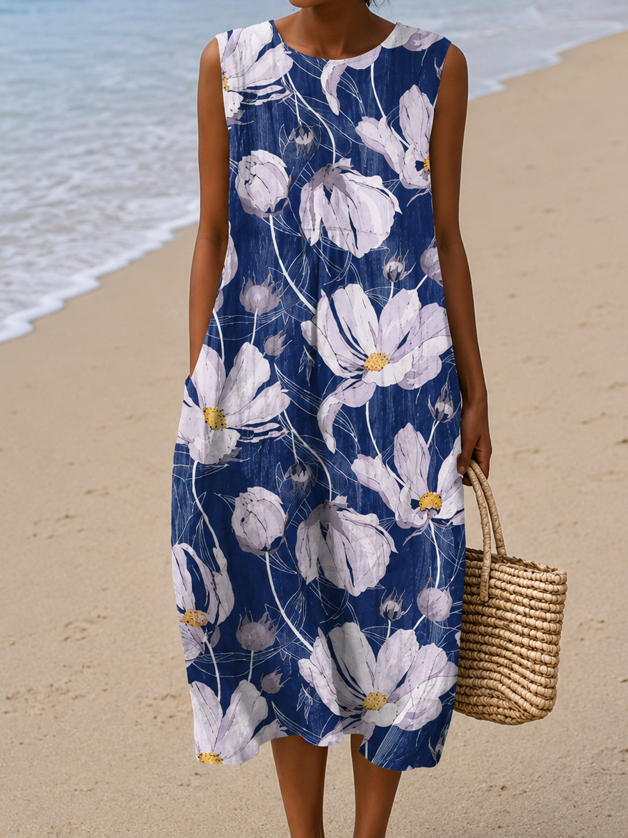 Aline | Robe Midi de Plage Imprimée Sans Manches et Coupe Ample