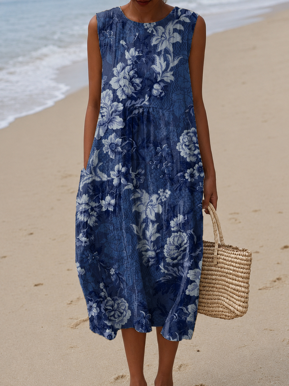 Blandine | Robe Midi de Plage Imprimée Sans Manches et Coupe Ample