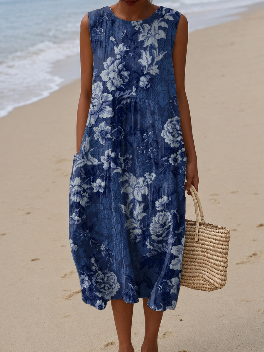 Blandine | Robe Midi de Plage Imprimée Sans Manches et Coupe Ample
