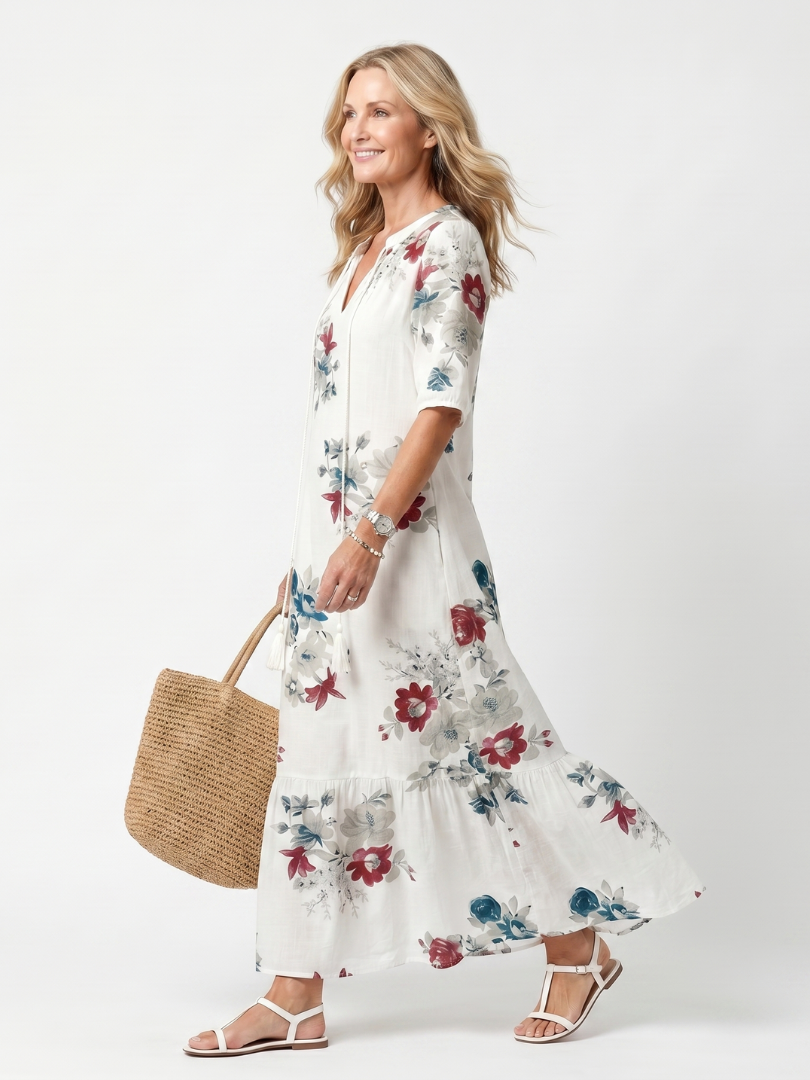 Suzette | Robe Midi Fleurie à Pompons