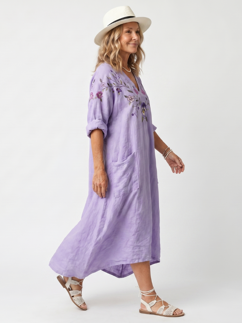 Mariette | Robe Midi Brodée à Poches