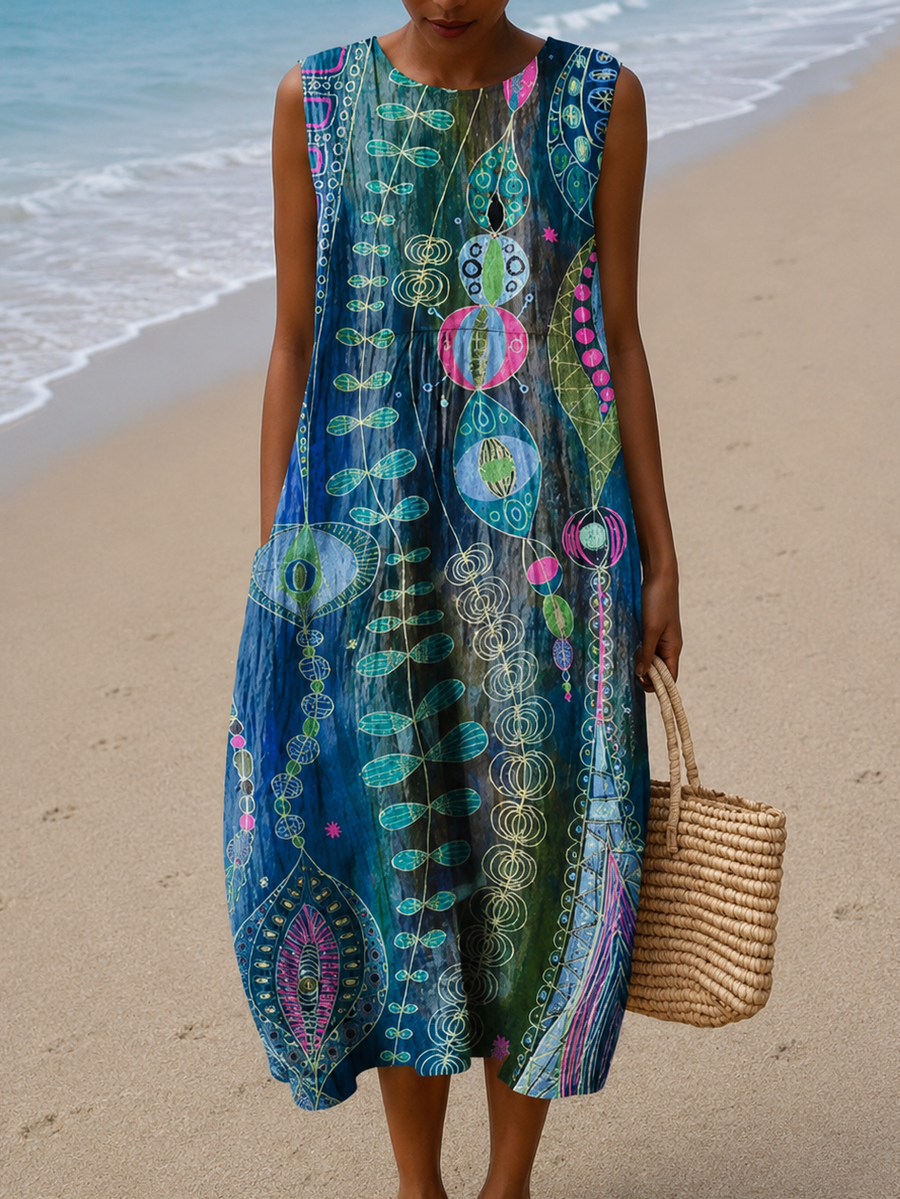 Annette | Robe Midi de Plage Imprimée Sans Manches et Coupe Ample