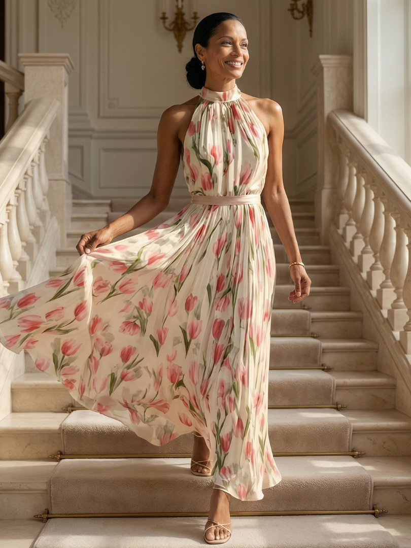 Aurelle | Robe Midi à Col Dos-Nu à Fleurs