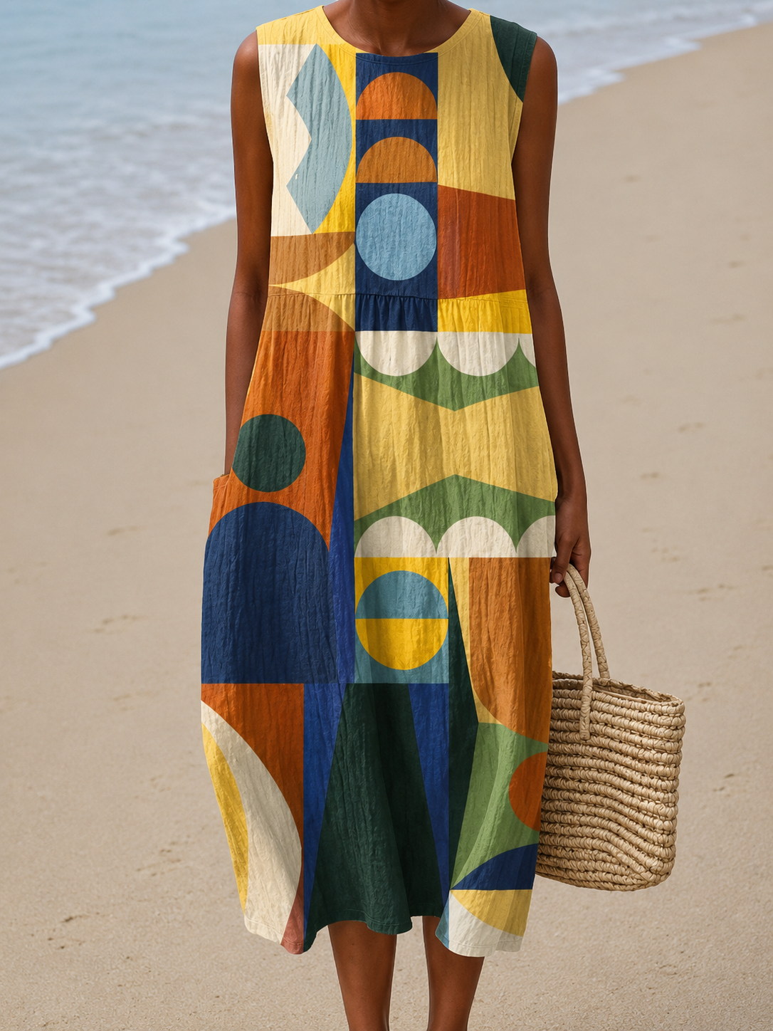 Gwenaëlle | Robe Midi Décontractée Imprimée Sans Manches