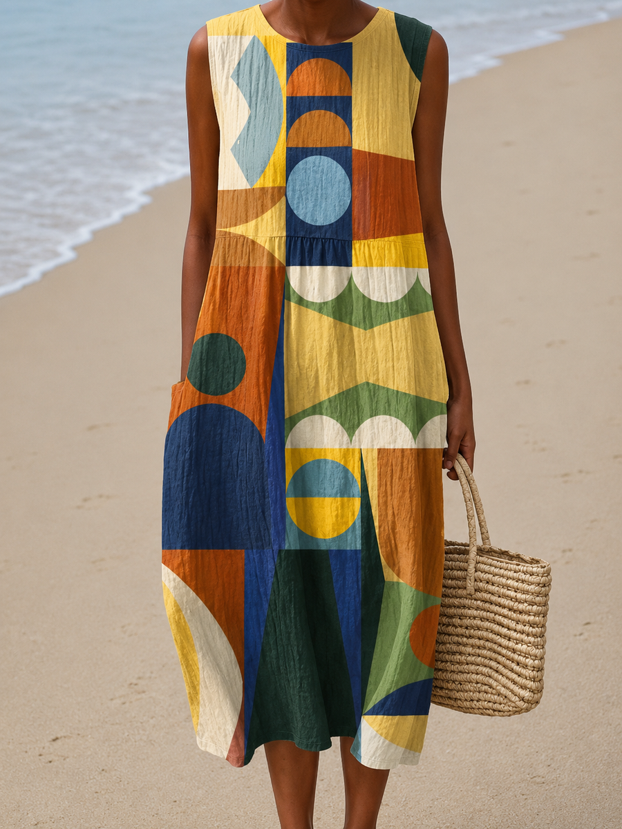 Gwenaëlle | Robe Midi Décontractée Imprimée Sans Manches