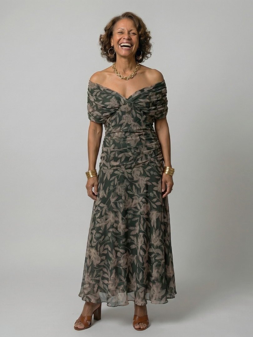 Adeline | Robe Midi Décontractée à Épaules Dénudées