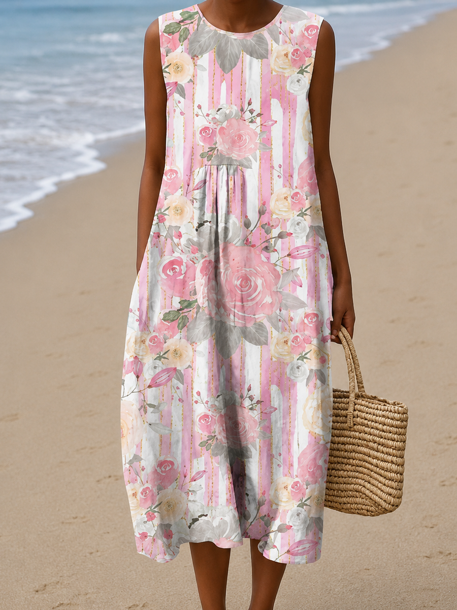Ariane | Robe Midi de Plage Imprimée Sans Manches et Coupe Ample