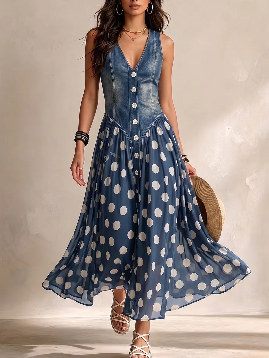 Adeline | Robe Longue en Denim à Pois