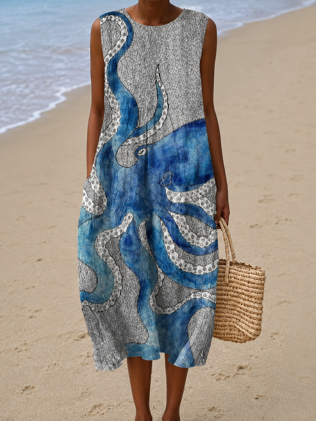 Christiane | Robe Midi de Plage Imprimée Sans Manches et Coupe Ample
