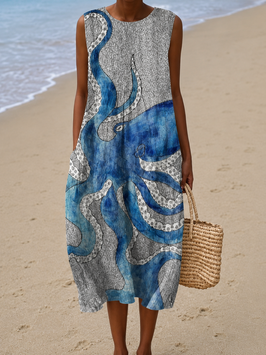 Christiane | Robe Midi de Plage Imprimée Sans Manches et Coupe Ample