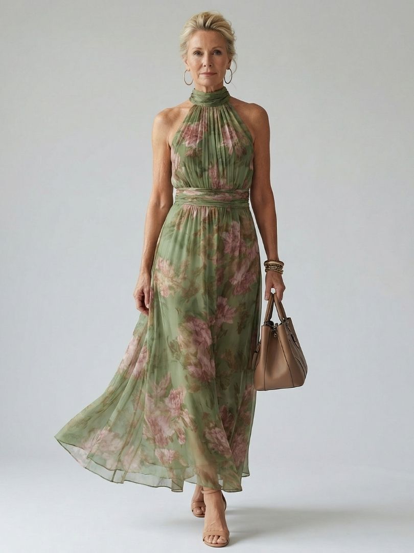 Colombine | Robe Midi à Encolure Dos-Nu Froncée