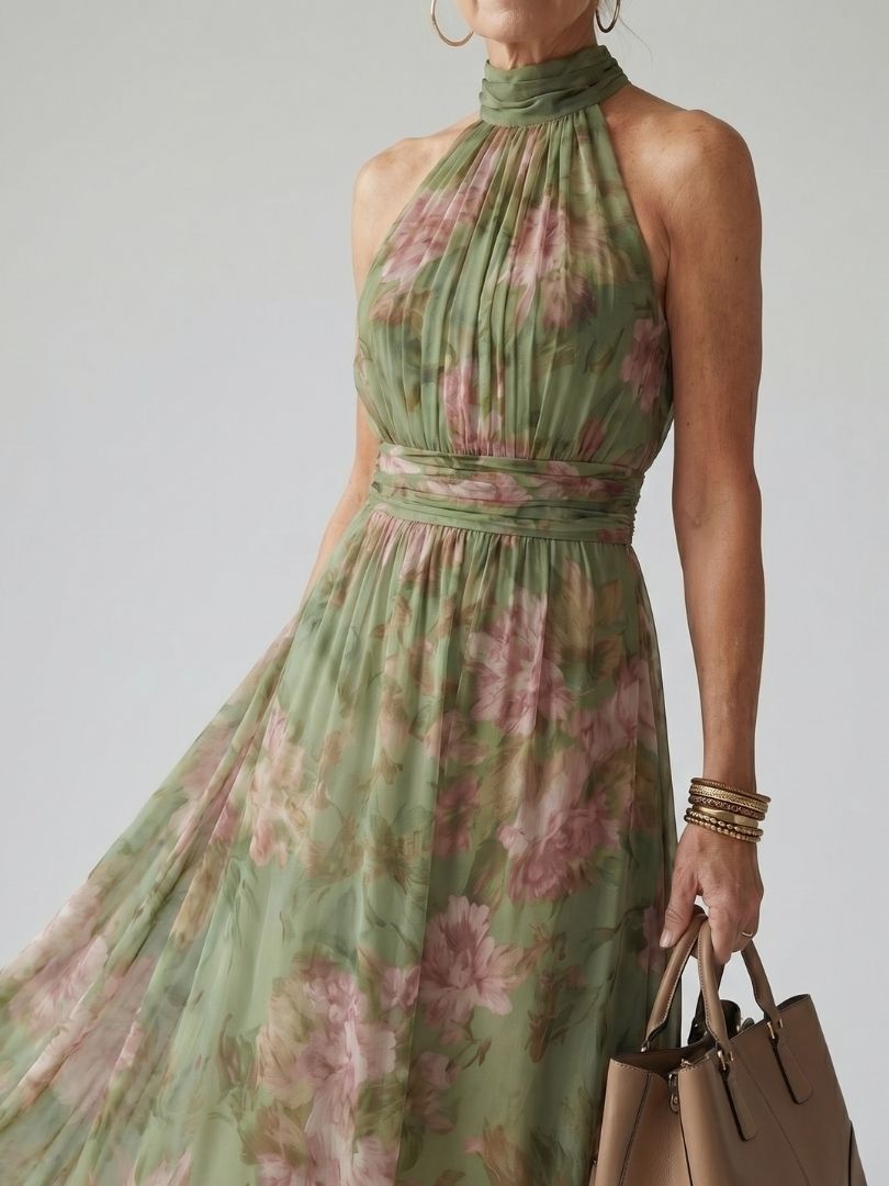 Colombine | Robe Midi à Encolure Dos-Nu Froncée